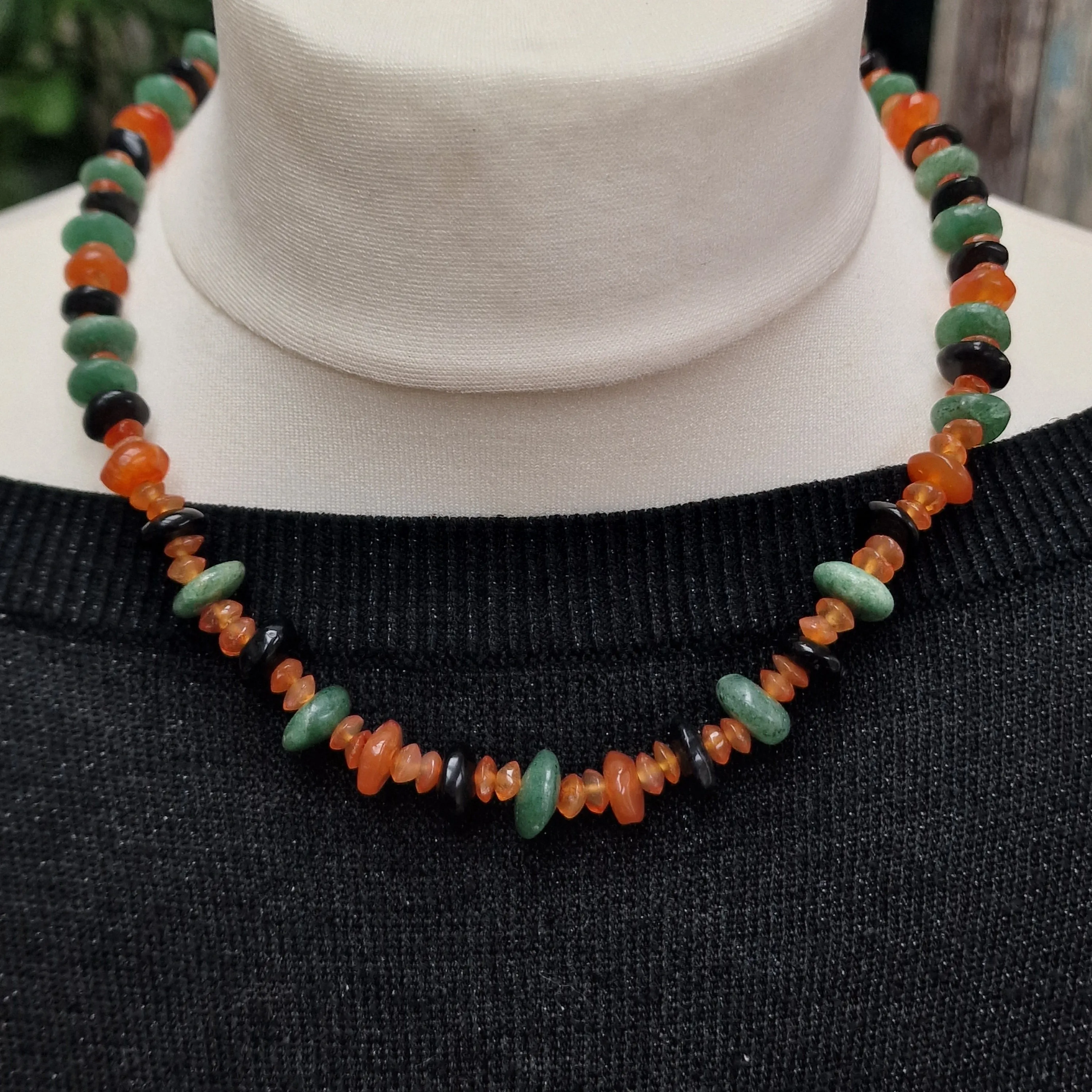 Stunning Carnelian Black Onyx Aventurine Beaded Silver Necklace