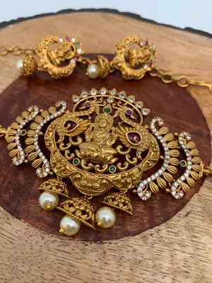 Traditional Matte Finish Antique Goddess Lakshmi CZ Pearl Choker